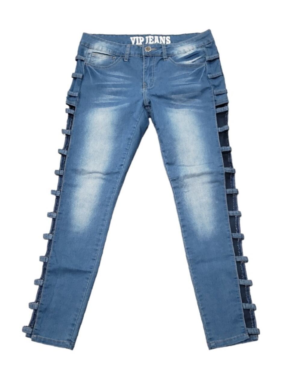 VIP Blue Light Washed Sexy Side Leg Cut Out Straight Jeans Women's Pants